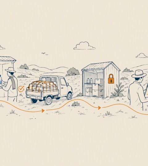 Line drawing of a campsite with tents, camper van, campfire, and mountains